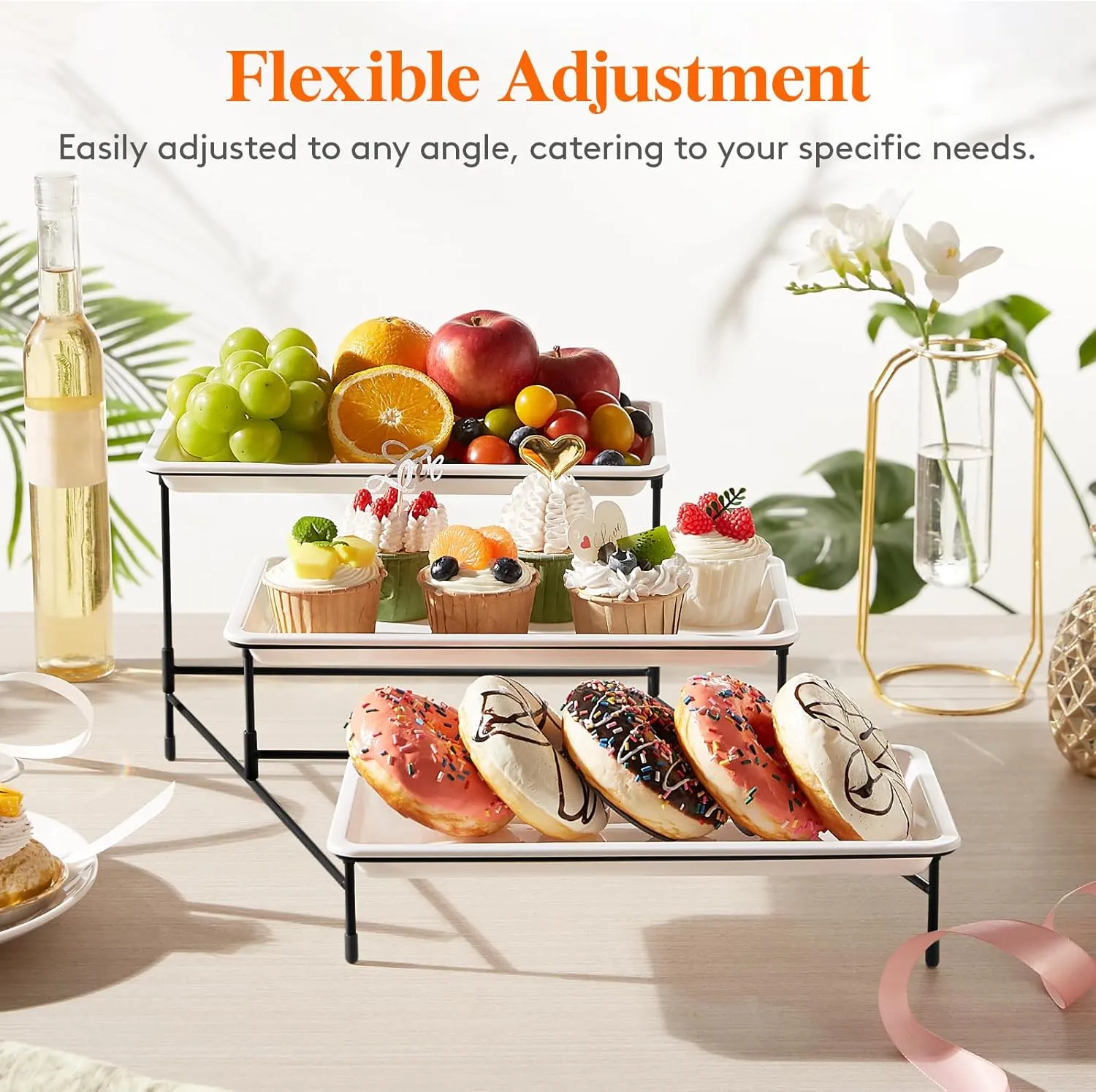 Lifewit Plastic 3 Tier Serving Tray for Party Supplies, 12" x 6.5" Crack-Proof Platters for Serving Food, White Reusable Trays with Black Metal Display Stand for Veggie, Fruit, Cookies, Dessert