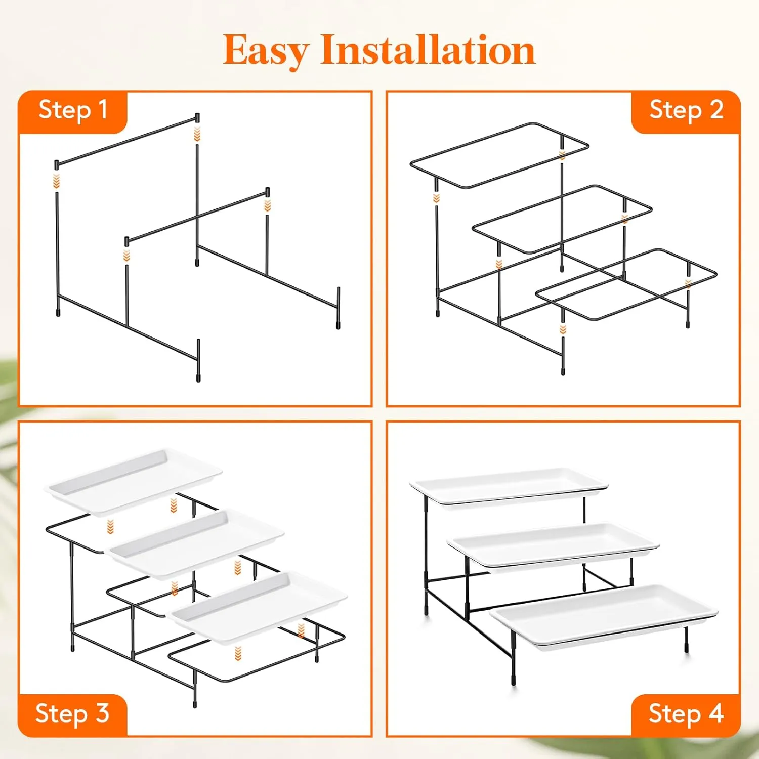 Lifewit Plastic 3 Tier Serving Tray for Party Supplies, 12" x 6.5" Crack-Proof Platters for Serving Food, White Reusable Trays with Black Metal Display Stand for Veggie, Fruit, Cookies, Dessert