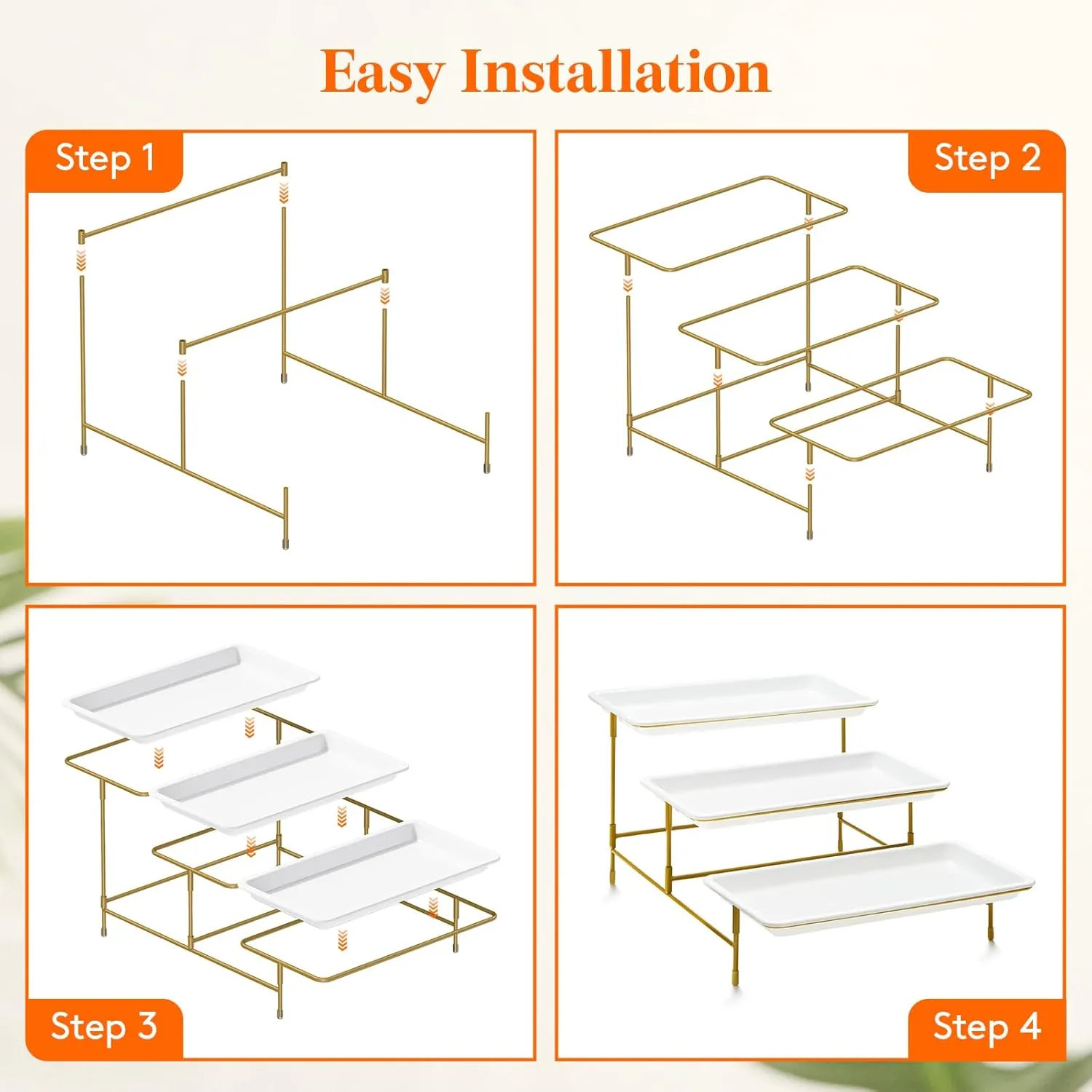 Lifewit Plastic 3 Tier Serving Tray for Party Supplies, 12" x 6.5" Crack-Proof Platters for Serving Food, White Reusable Trays with Gold Metal Display Stand for Veggie, Fruit, Cookies, Dessert