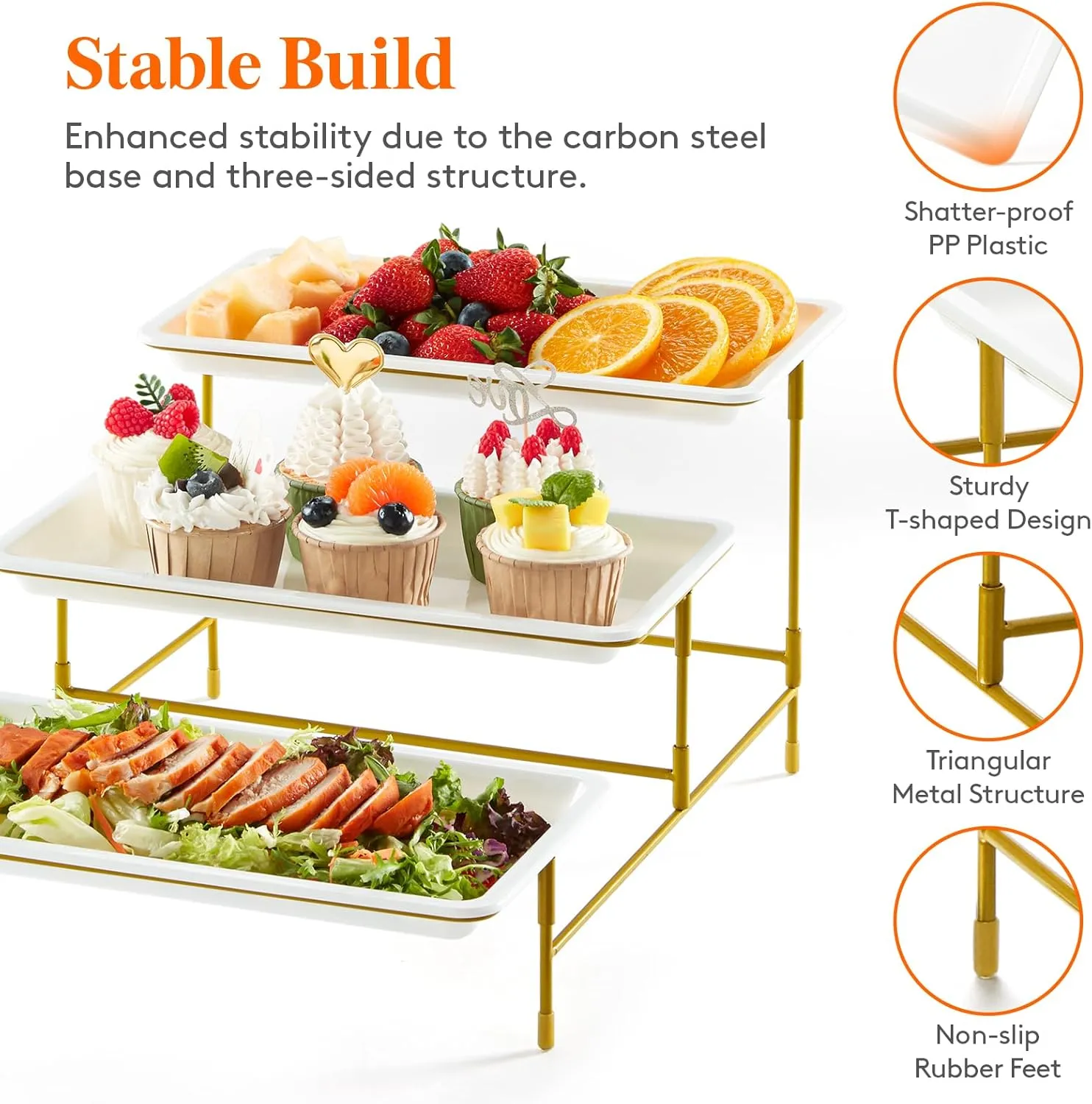 Lifewit Plastic 3 Tier Serving Tray for Party Supplies, 12" x 6.5" Crack-Proof Platters for Serving Food, White Reusable Trays with Gold Metal Display Stand for Veggie, Fruit, Cookies, Dessert