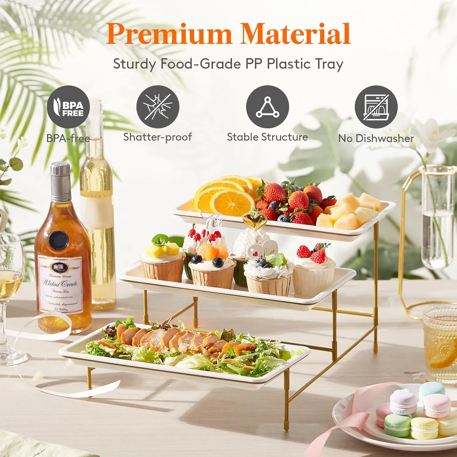 Lifewit Plastic 3 Tier Serving Tray for Party Supplies, 12" x 6.5" Crack-Proof Platters for Serving Food, White Reusable Trays with Gold Metal Display Stand for Veggie, Fruit, Cookies, Dessert