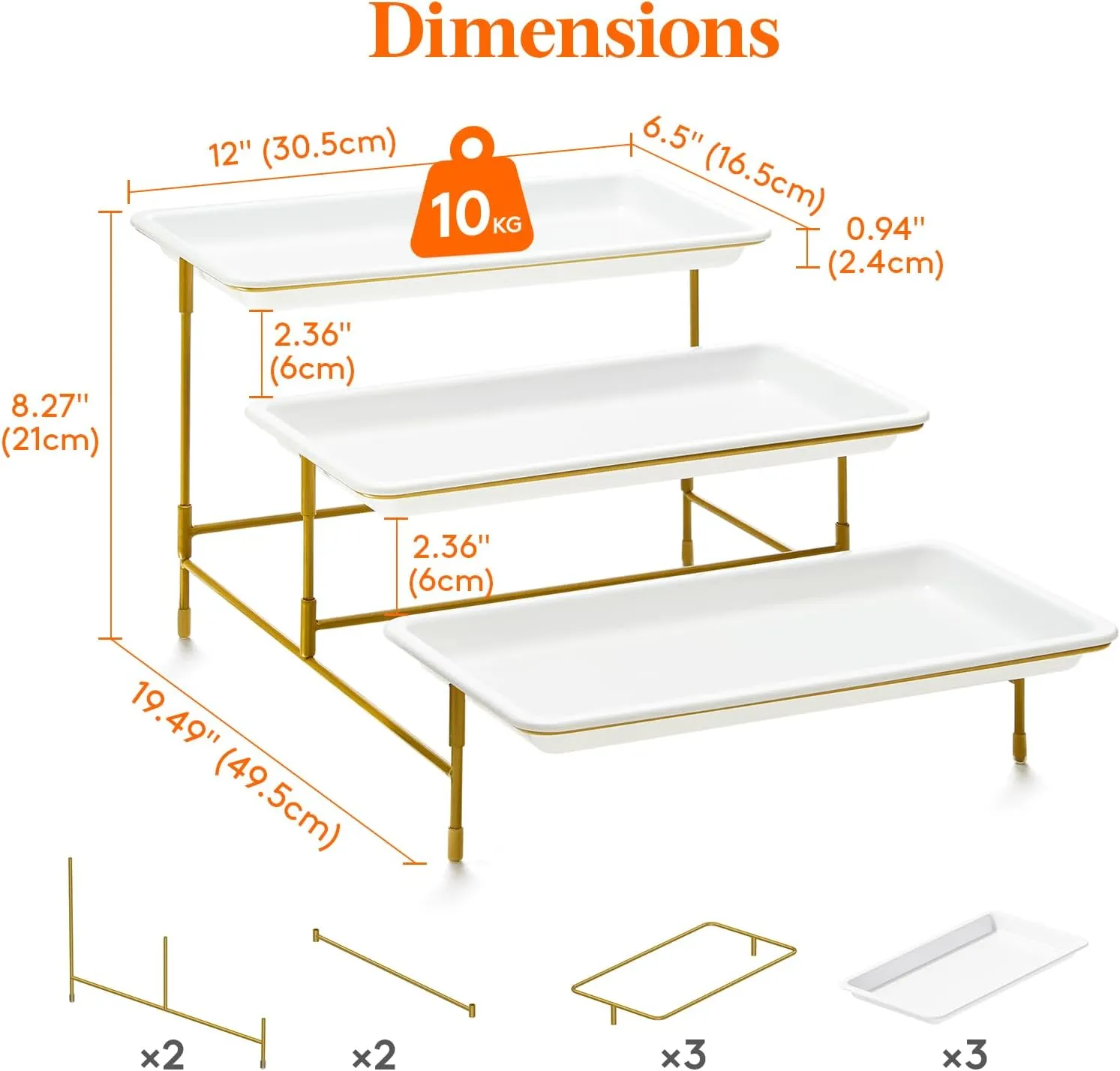Lifewit Plastic 3 Tier Serving Tray for Party Supplies, 12" x 6.5" Crack-Proof Platters for Serving Food, White Reusable Trays with Gold Metal Display Stand for Veggie, Fruit, Cookies, Dessert