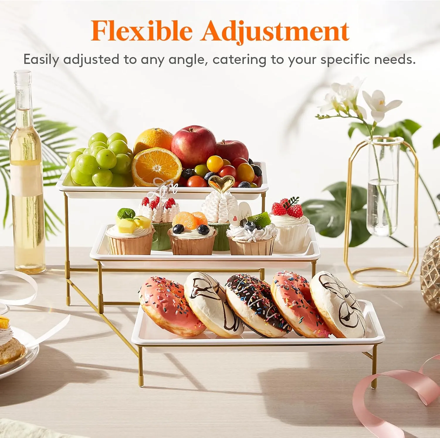 Lifewit Plastic 3 Tier Serving Tray for Party Supplies, 12" x 6.5" Crack-Proof Platters for Serving Food, White Reusable Trays with Gold Metal Display Stand for Veggie, Fruit, Cookies, Dessert
