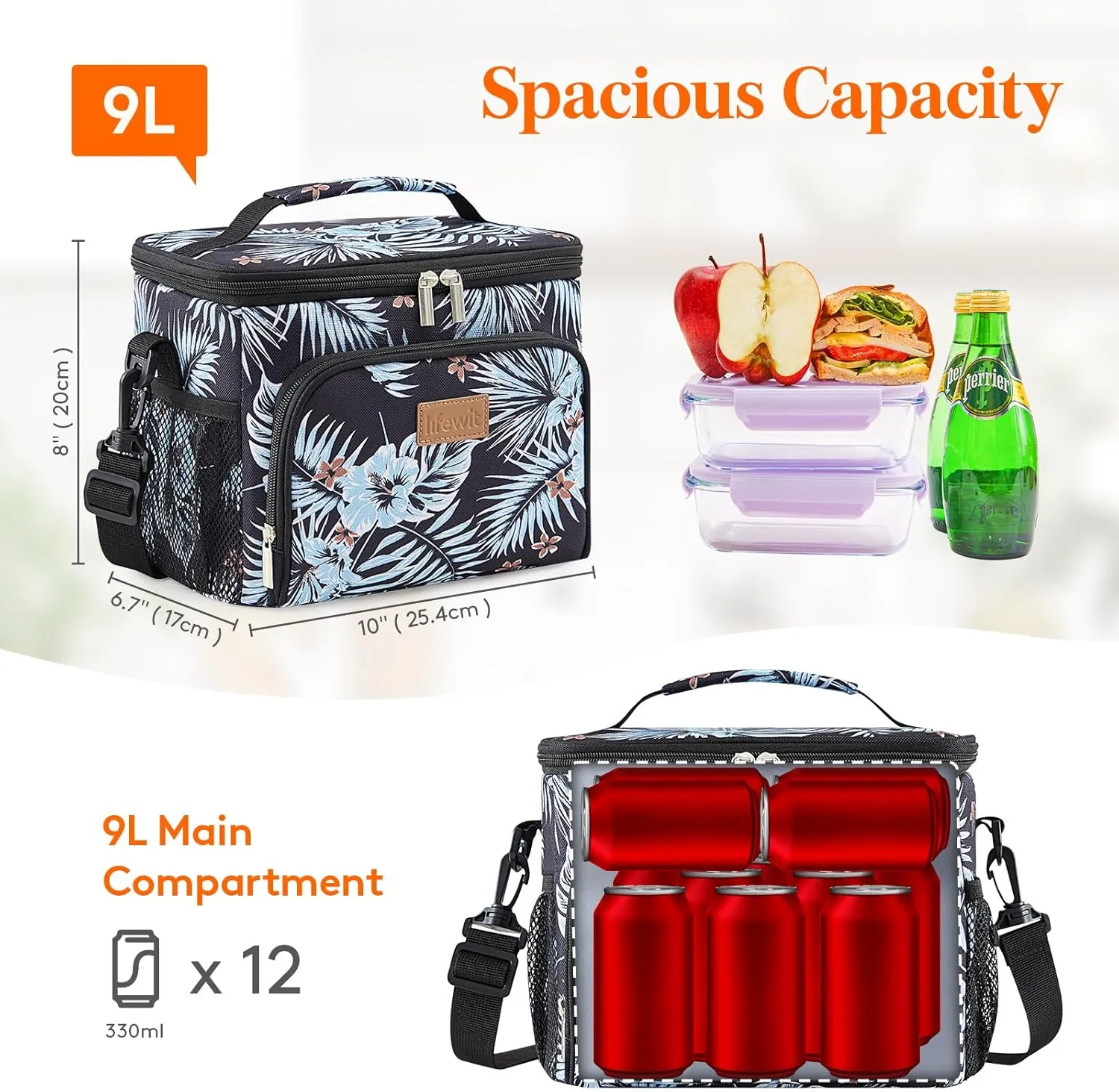 Lifewit Reusable Insulated Lunch Bag for Men, Lunch Box Women, Portable Cooler Freezable Soft Lunchbox Leakproof with Adjustable Shoulder Strap for Adult for Work Picnic or Travel, Flower 9L