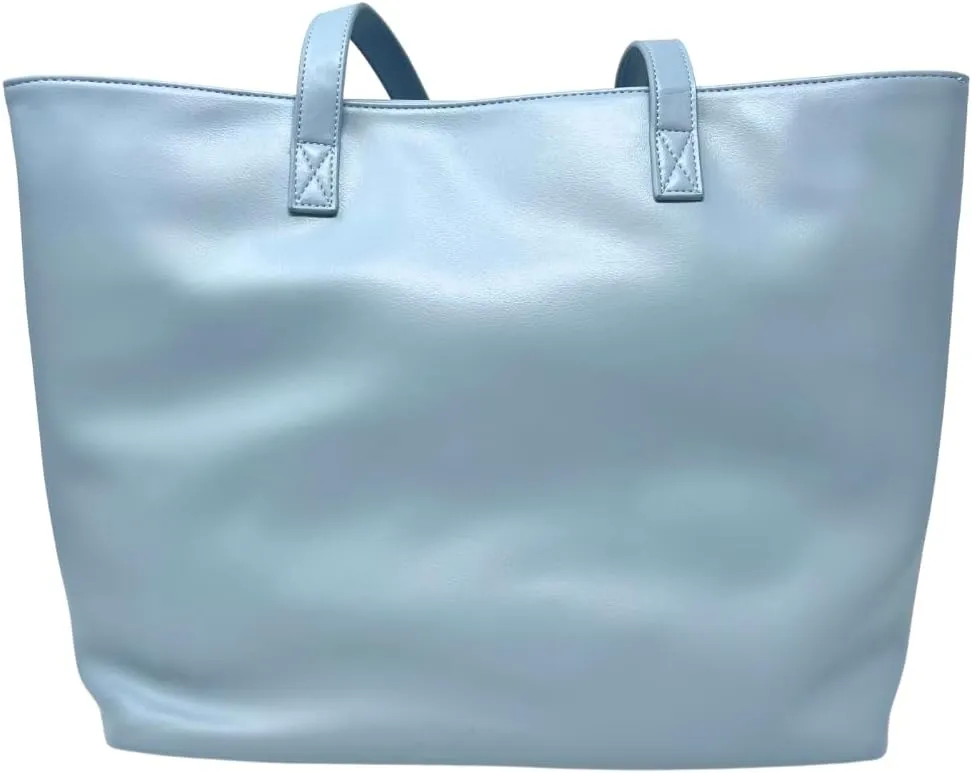 Light Blue Vegan Classic Tote with Exterior Pockets, Handbag for Women, Large Tote, Travel Purse