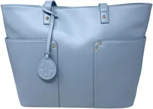 Light Blue Vegan Classic Tote with Exterior Pockets, Handbag for Women, Large Tote, Travel Purse