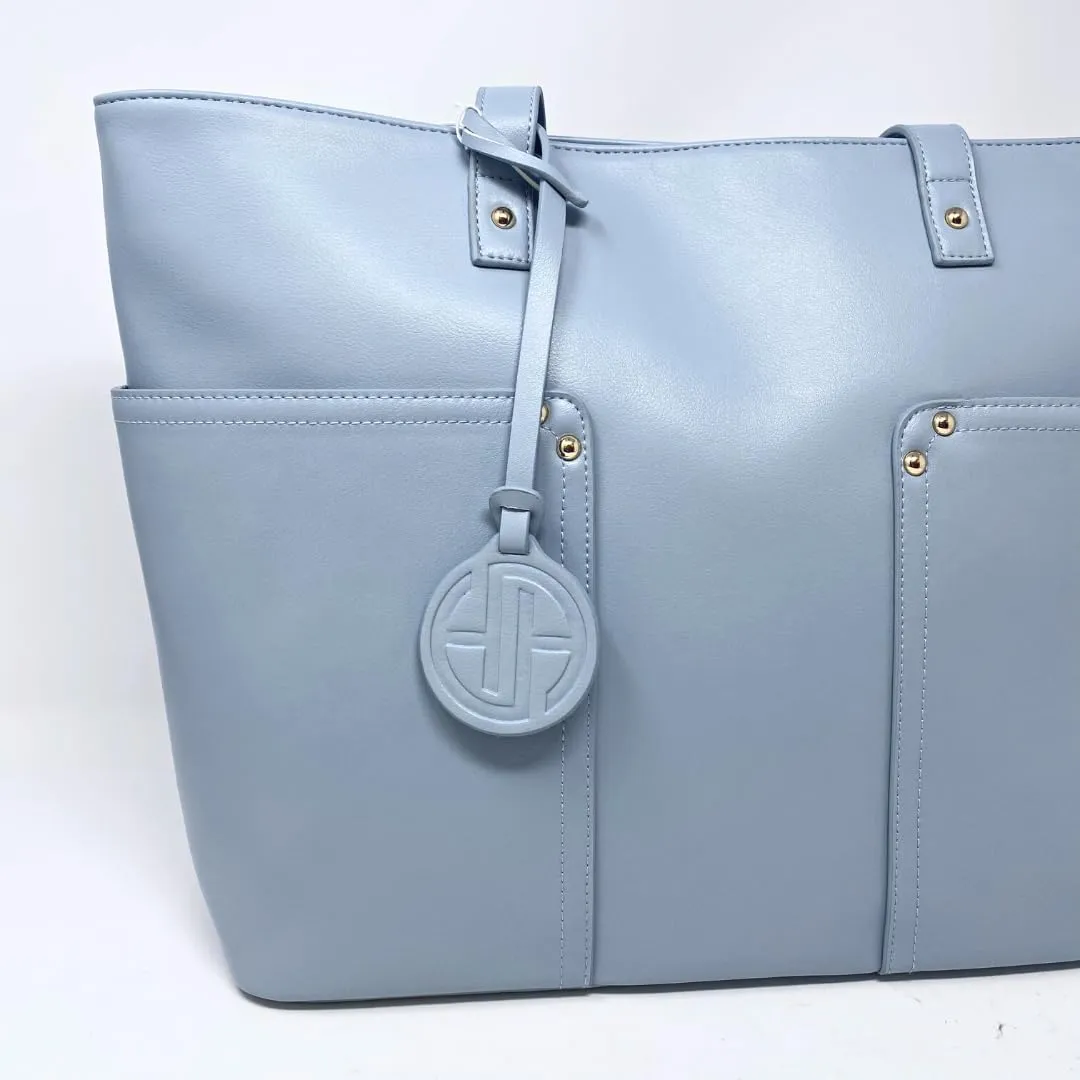 Light Blue Vegan Classic Tote with Exterior Pockets, Handbag for Women, Large Tote, Travel Purse