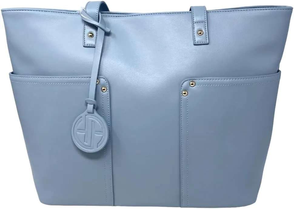 Light Blue Vegan Classic Tote with Exterior Pockets, Handbag for Women, Large Tote, Travel Purse