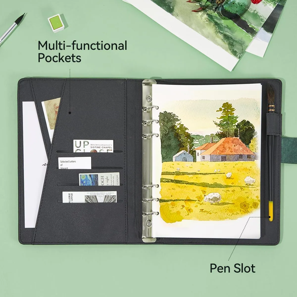 Lightwish Watercolor Sketchbook,100% Cotton Acid Free Watercolor Journal,300gsm/140lb Hot Press Watercolor Paper for Artists,Adults,Students,20 Sheets,9.25 * 6.3 Inches(Leather Green)