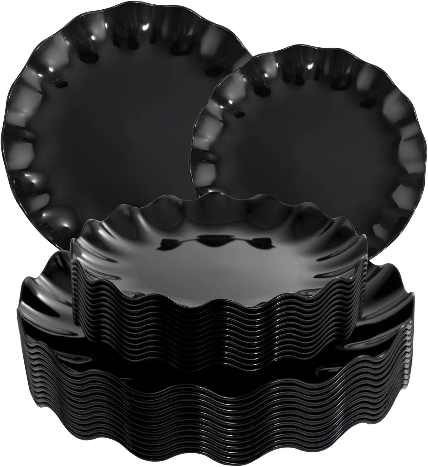 LIYH 24 Pcs Black Reusable Plastic Plates – Unbreakable Camper Dishes, Dishwasher Safe Dinner Plate Dessert Plates, Scalloped Design - Ideal for Parties, Picnics 12Guests