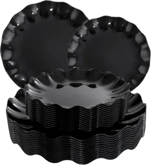 LIYH 24 Pcs Black Reusable Plastic Plates – Unbreakable Camper Dishes, Dishwasher Safe Dinner Plate Dessert Plates, Scalloped Design - Ideal for Parties, Picnics 12Guests