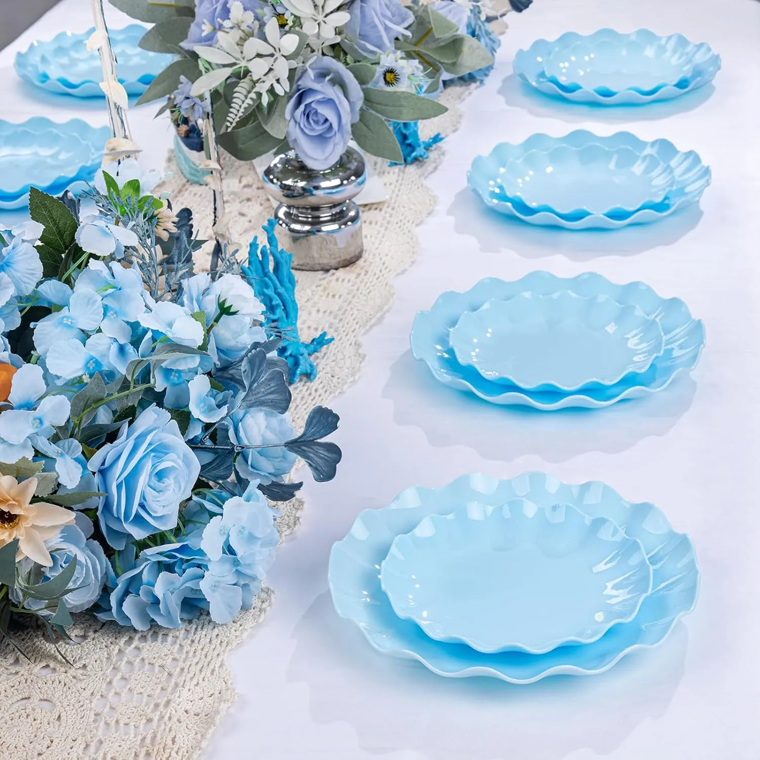 LIYH 24 Pcs Blue Plastic Plates Reusable - Unbreakable Light Baby Blue Scalloped Plates, Dishwasher Safe Camping Plate for Parties, Birthday, Picnics, BPA Free (12Guests)