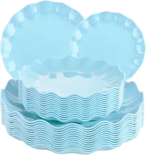 LIYH 24 Pcs Blue Plastic Plates Reusable - Unbreakable Light Baby Blue Scalloped Plates, Dishwasher Safe Camping Plate for Parties, Birthday, Picnics, BPA Free (12Guests)