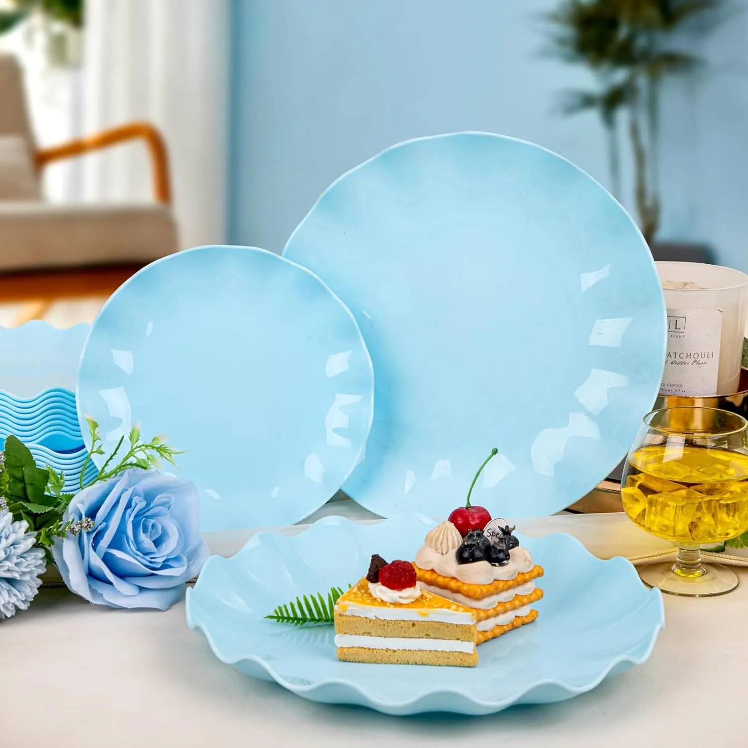 LIYH 24 Pcs Blue Plastic Plates Reusable - Unbreakable Light Baby Blue Scalloped Plates, Dishwasher Safe Camping Plate for Parties, Birthday, Picnics, BPA Free (12Guests)