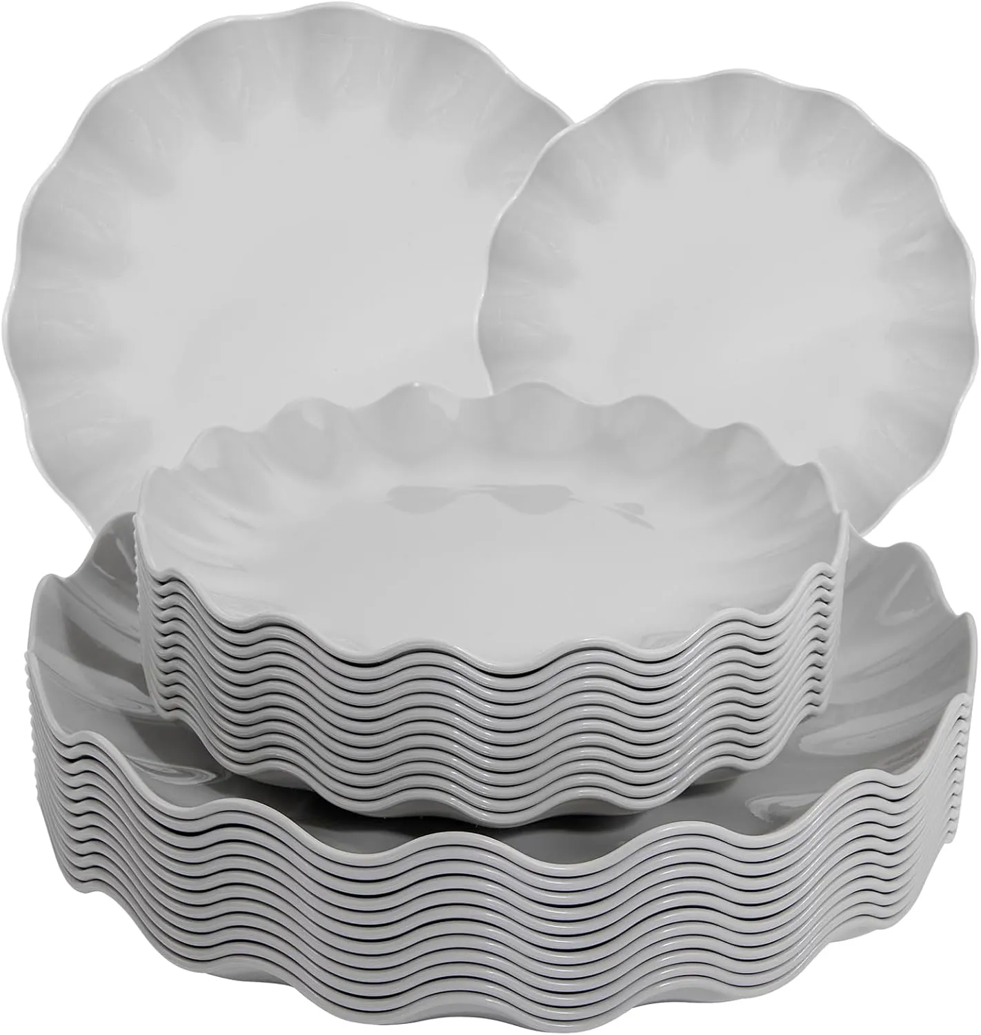 LIYH 24 Pcs Plastic Grey Scalloped Plates Reusable, Unbreakable Dinner Plate and Salad Plate, Dishwasher Safe Outside Plates for Parties, Picnics 12 Guests