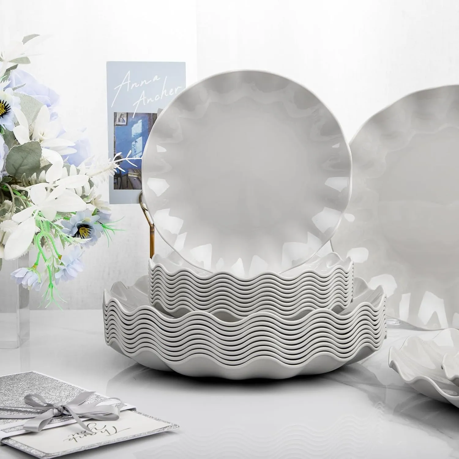 LIYH 24 Pcs Plastic Grey Scalloped Plates Reusable, Unbreakable Dinner Plate and Salad Plate, Dishwasher Safe Outside Plates for Parties, Picnics 12 Guests