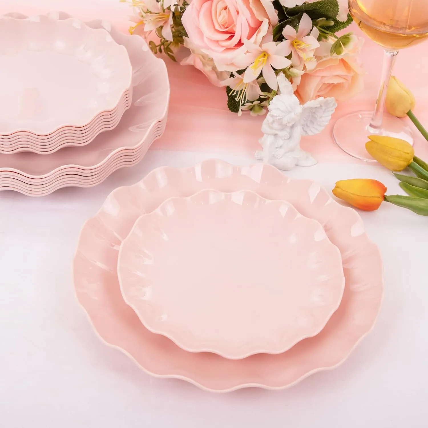 LIYH 24pcs Pink Plates Reusable,Pink Plastic Plate Durable and Dishwasher Safe,Baby Shower Plate, Light Weight Daisy Plastic Mothers Day Plates for Wedding Party Birthday