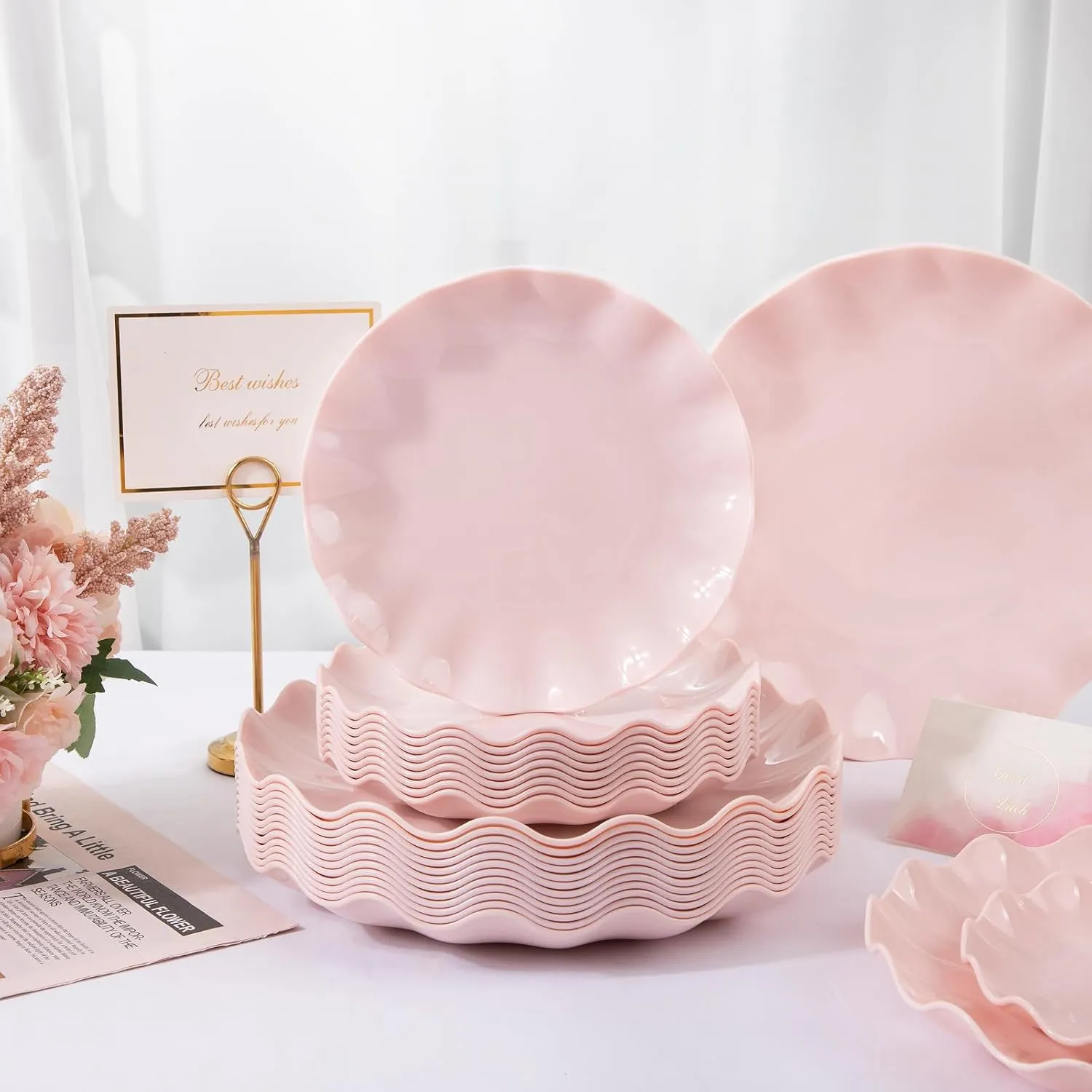 LIYH 24pcs Pink Plates Reusable,Pink Plastic Plate Durable and Dishwasher Safe,Baby Shower Plate, Light Weight Daisy Plastic Mothers Day Plates for Wedding Party Birthday