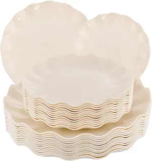 LIYH 24pcs Plastic Plates Reusable,Unbreakable Dinner Plates, Scalloped Plastic Plates, Dishwasher Safe,Ivory Plate Sets Perfect for Parties, Birthday, Picnics, BPA Free(12Guests)