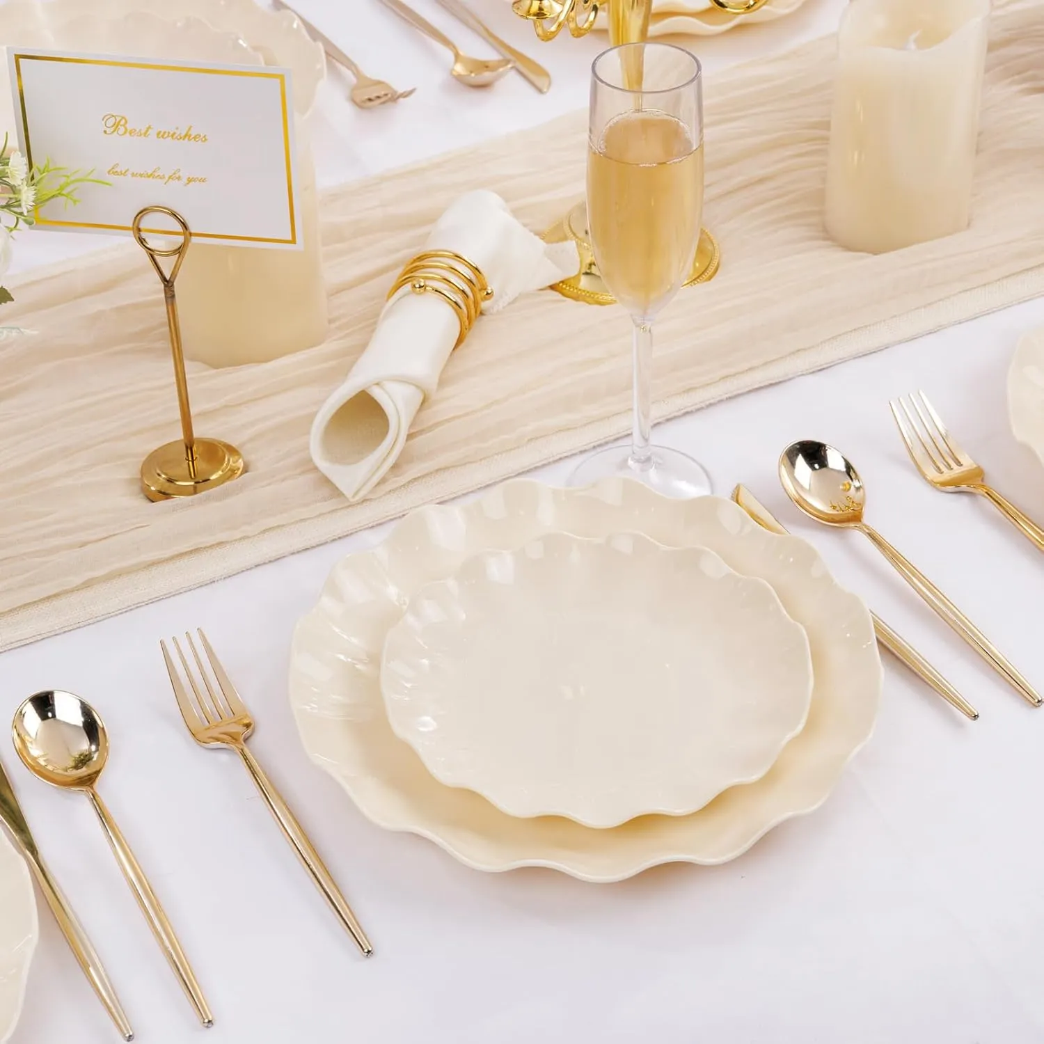 LIYH 24pcs Plastic Plates Reusable,Unbreakable Dinner Plates, Scalloped Plastic Plates, Dishwasher Safe,Ivory Plate Sets Perfect for Parties, Birthday, Picnics, BPA Free(12Guests)