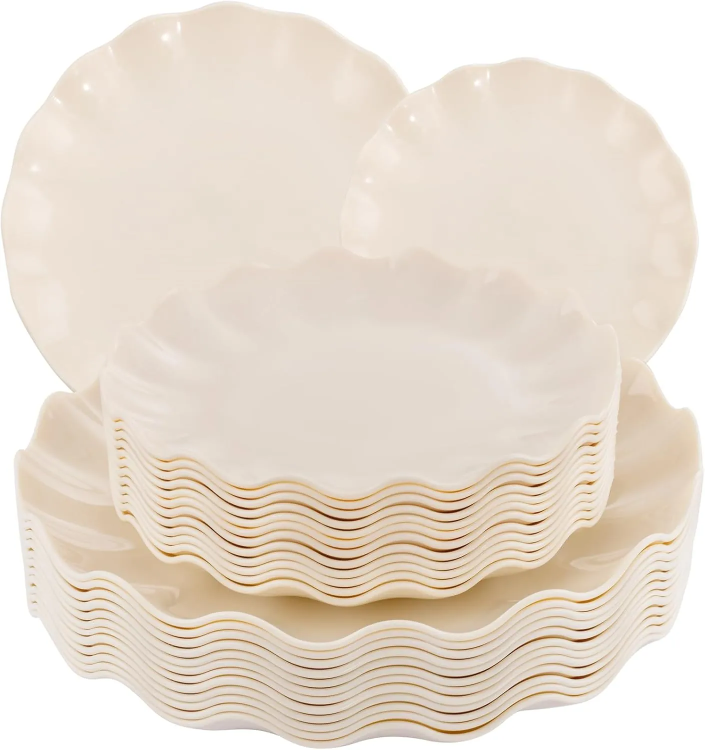 LIYH 24pcs Plastic Plates Reusable,Unbreakable Dinner Plates, Scalloped Plastic Plates, Dishwasher Safe,Ivory Plate Sets Perfect for Parties, Birthday, Picnics, BPA Free(12Guests)