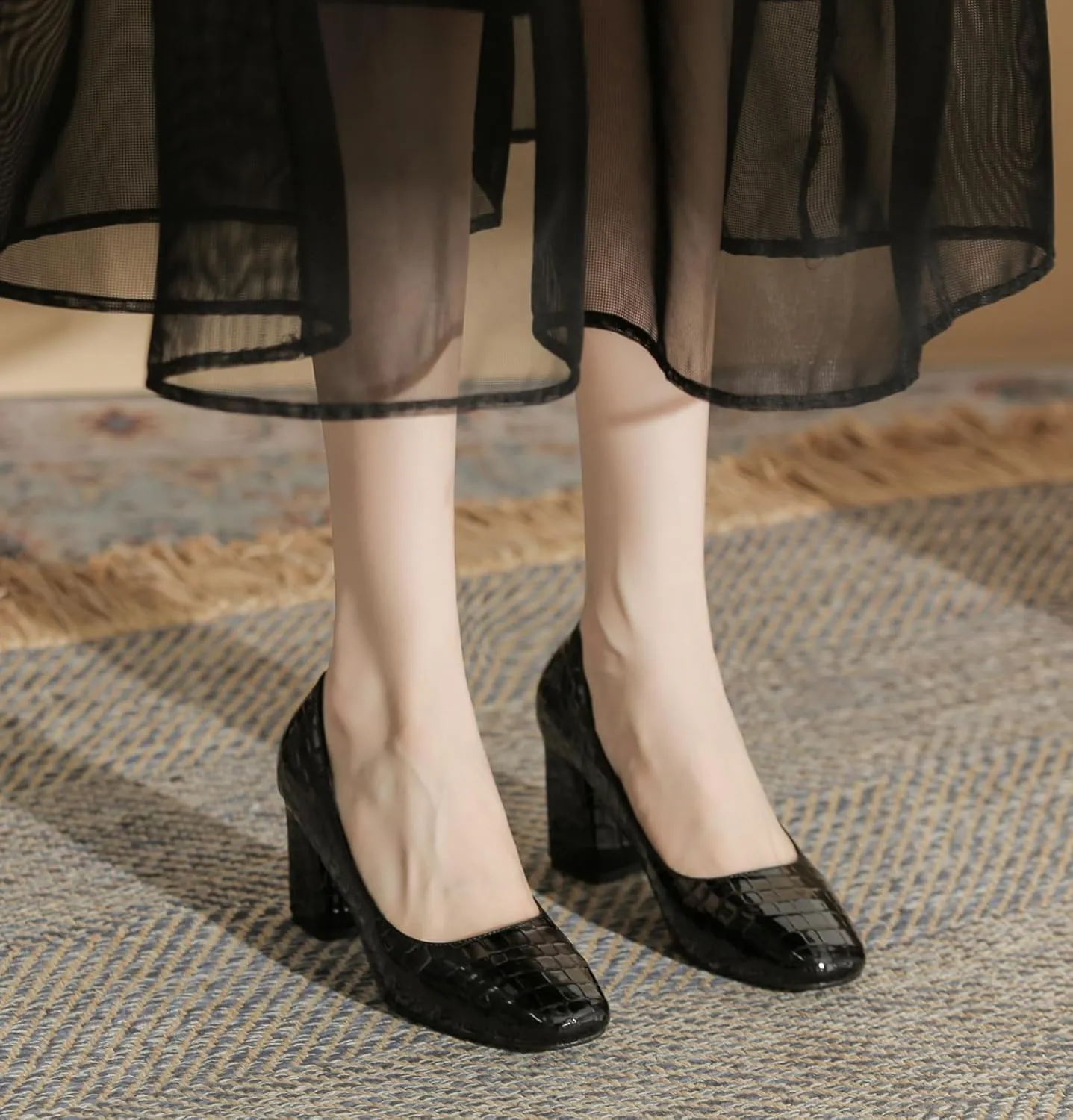 LizFoYa Women Embossed Square Toe Dress Pumps Polished Leather Dress Block High Heels Office Shoes
