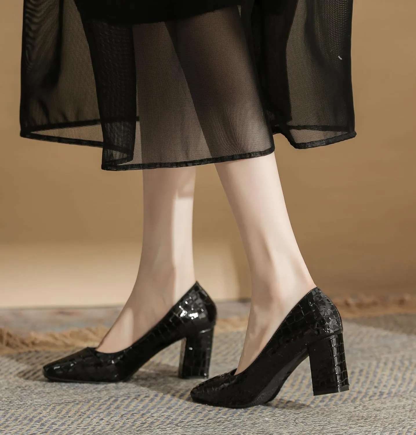 LizFoYa Women Embossed Square Toe Dress Pumps Polished Leather Dress Block High Heels Office Shoes
