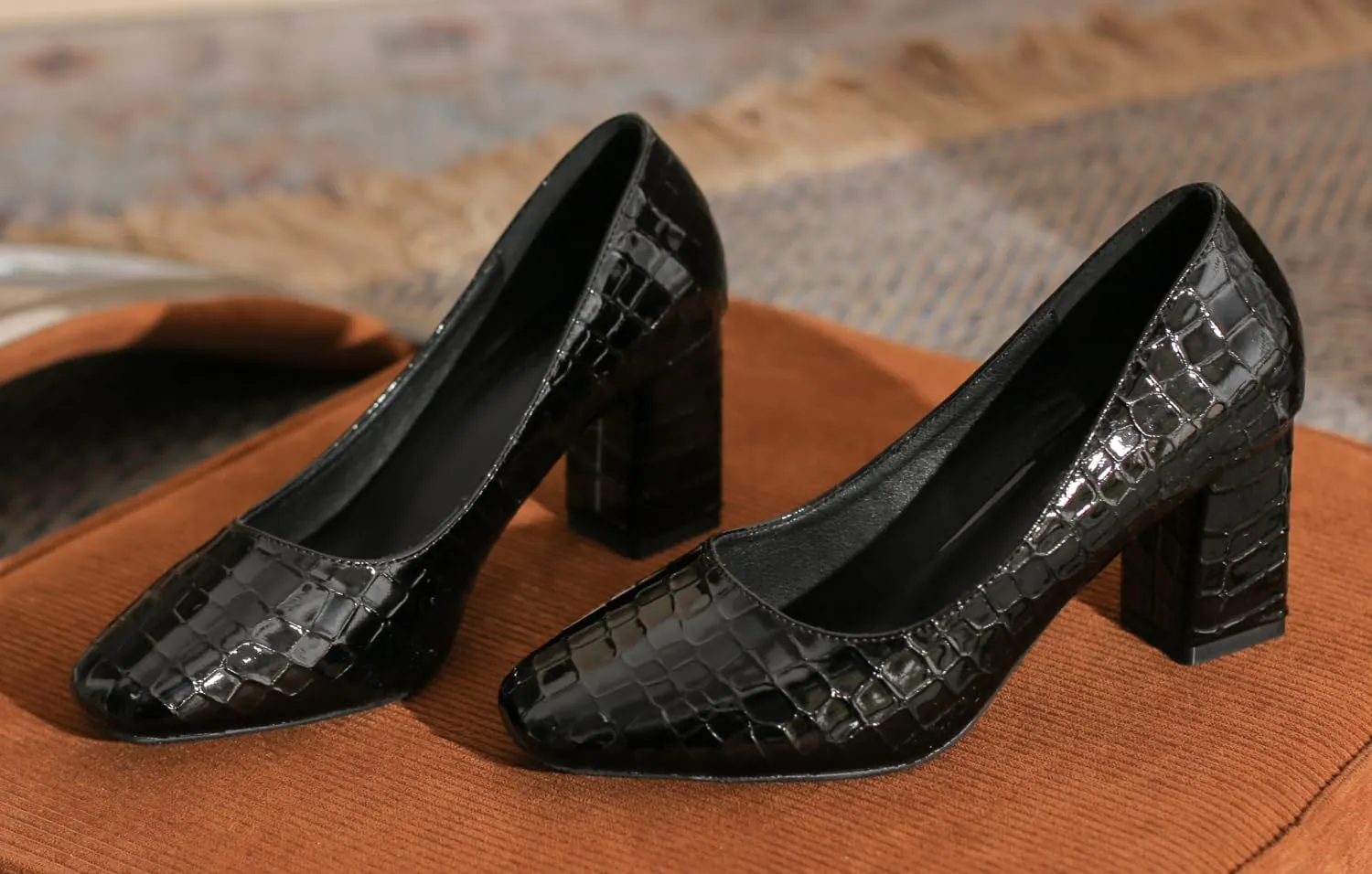 LizFoYa Women Embossed Square Toe Dress Pumps Polished Leather Dress Block High Heels Office Shoes