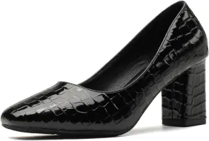 LizFoYa Women Embossed Square Toe Dress Pumps Polished Leather Dress Block High Heels Office Shoes