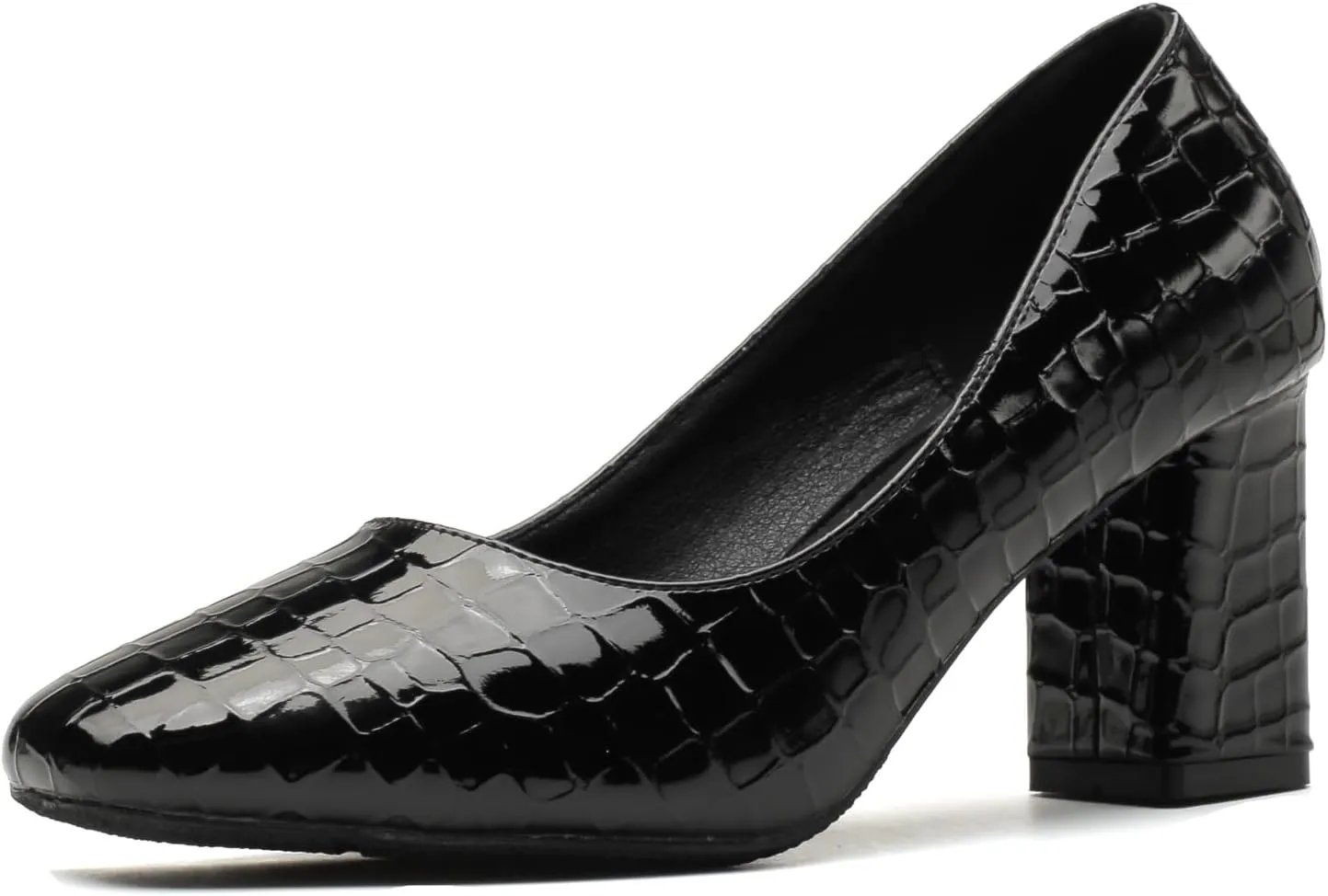LizFoYa Women Embossed Square Toe Dress Pumps Polished Leather Dress Block High Heels Office Shoes