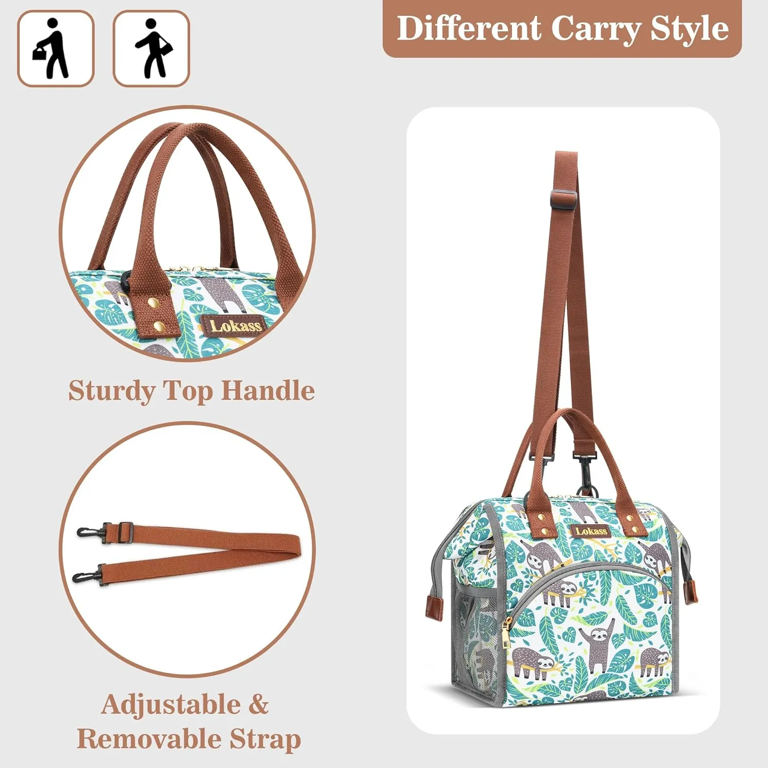 LOKASS Lunch Bag Insulated Lunch Box Wide-Open Lunch Tote Bag Large Drinks Holder Durable Nylon Snacks Organizer with Removable Shoulder Strap for Women Men Adults Work Outdoor,Sloth