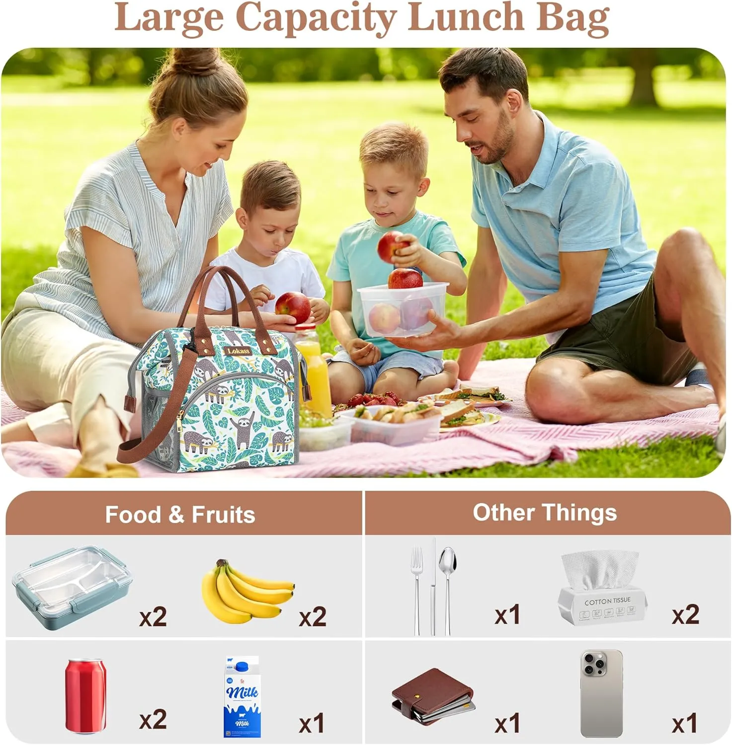 LOKASS Lunch Bag Insulated Lunch Box Wide-Open Lunch Tote Bag Large Drinks Holder Durable Nylon Snacks Organizer with Removable Shoulder Strap for Women Men Adults Work Outdoor,Sloth