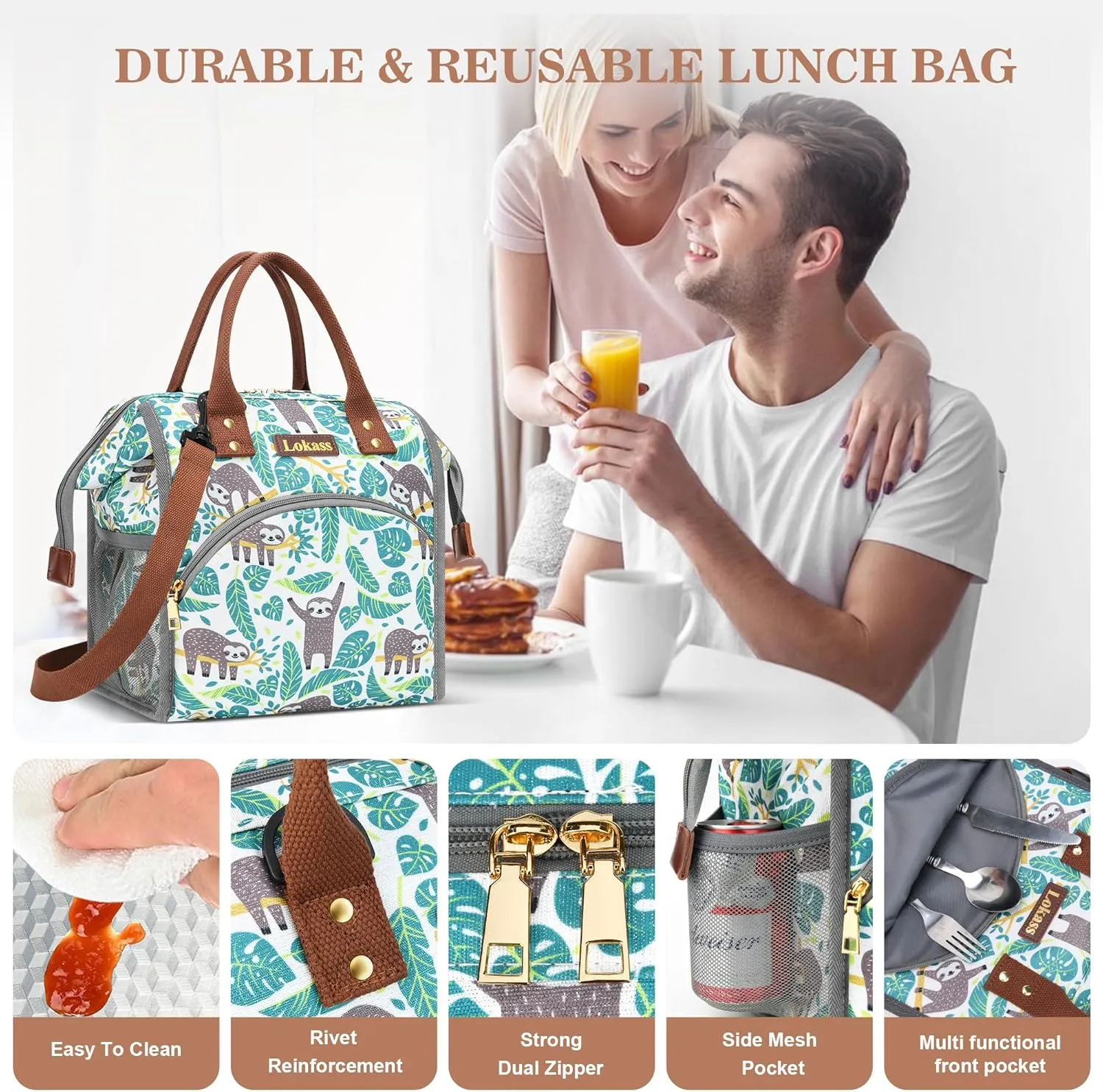 LOKASS Lunch Bag Insulated Lunch Box Wide-Open Lunch Tote Bag Large Drinks Holder Durable Nylon Snacks Organizer with Removable Shoulder Strap for Women Men Adults Work Outdoor,Sloth