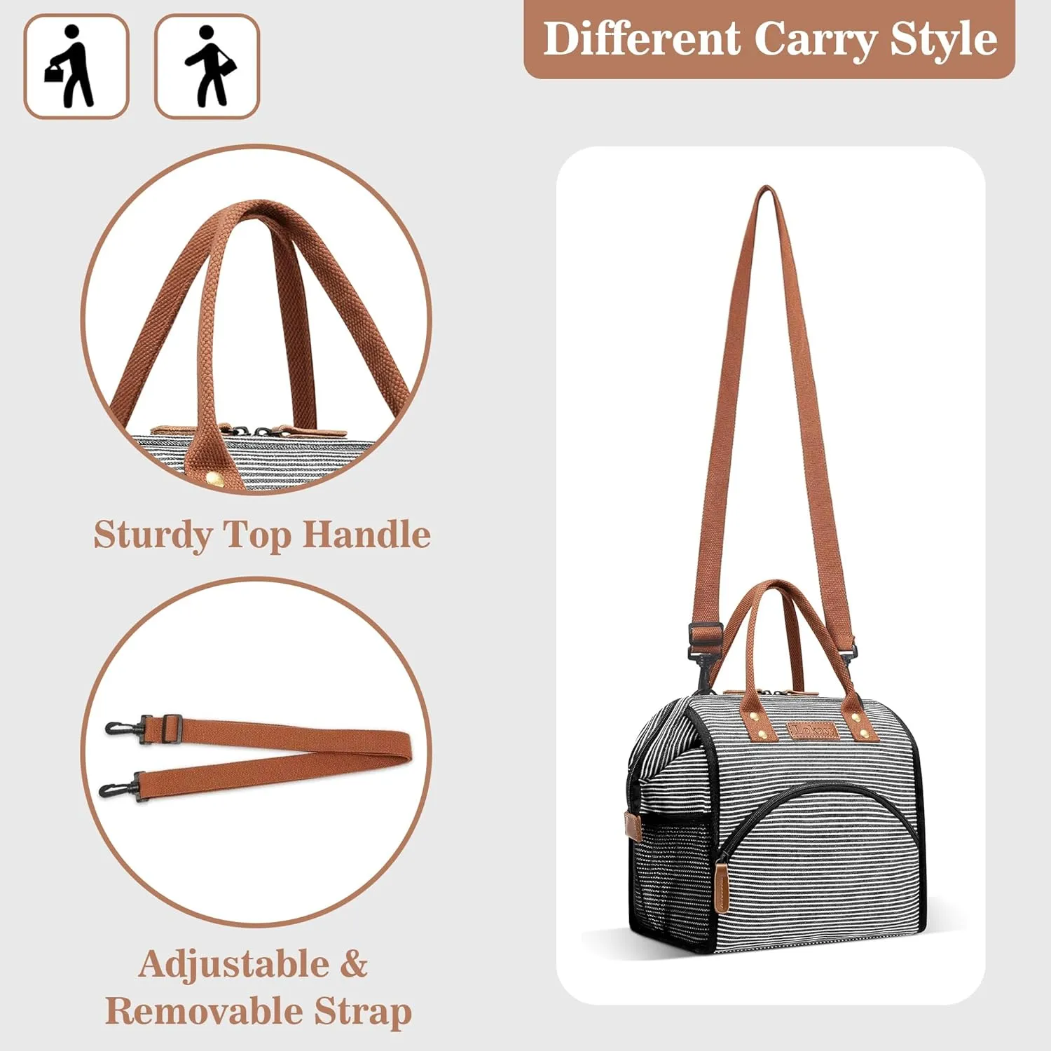 LOKASS Lunch Bag Insulated Lunch Box Wide-Open Lunch Tote Bag with Removable Shoulder Strap for Women/Men Adults Work Picnic Hiking Beach Fishing(Stripes)
