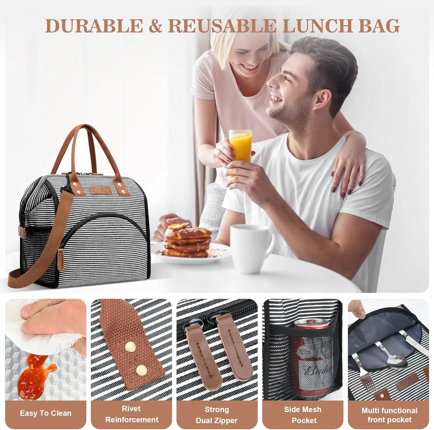 LOKASS Lunch Bag Insulated Lunch Box Wide-Open Lunch Tote Bag with Removable Shoulder Strap for Women/Men Adults Work Picnic Hiking Beach Fishing(Stripes)