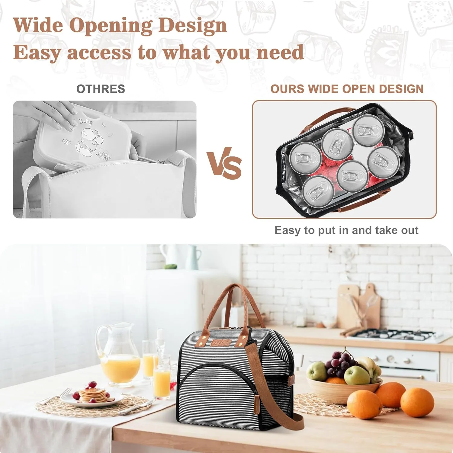 LOKASS Lunch Bag Insulated Lunch Box Wide-Open Lunch Tote Bag with Removable Shoulder Strap for Women/Men Adults Work Picnic Hiking Beach Fishing(Stripes)