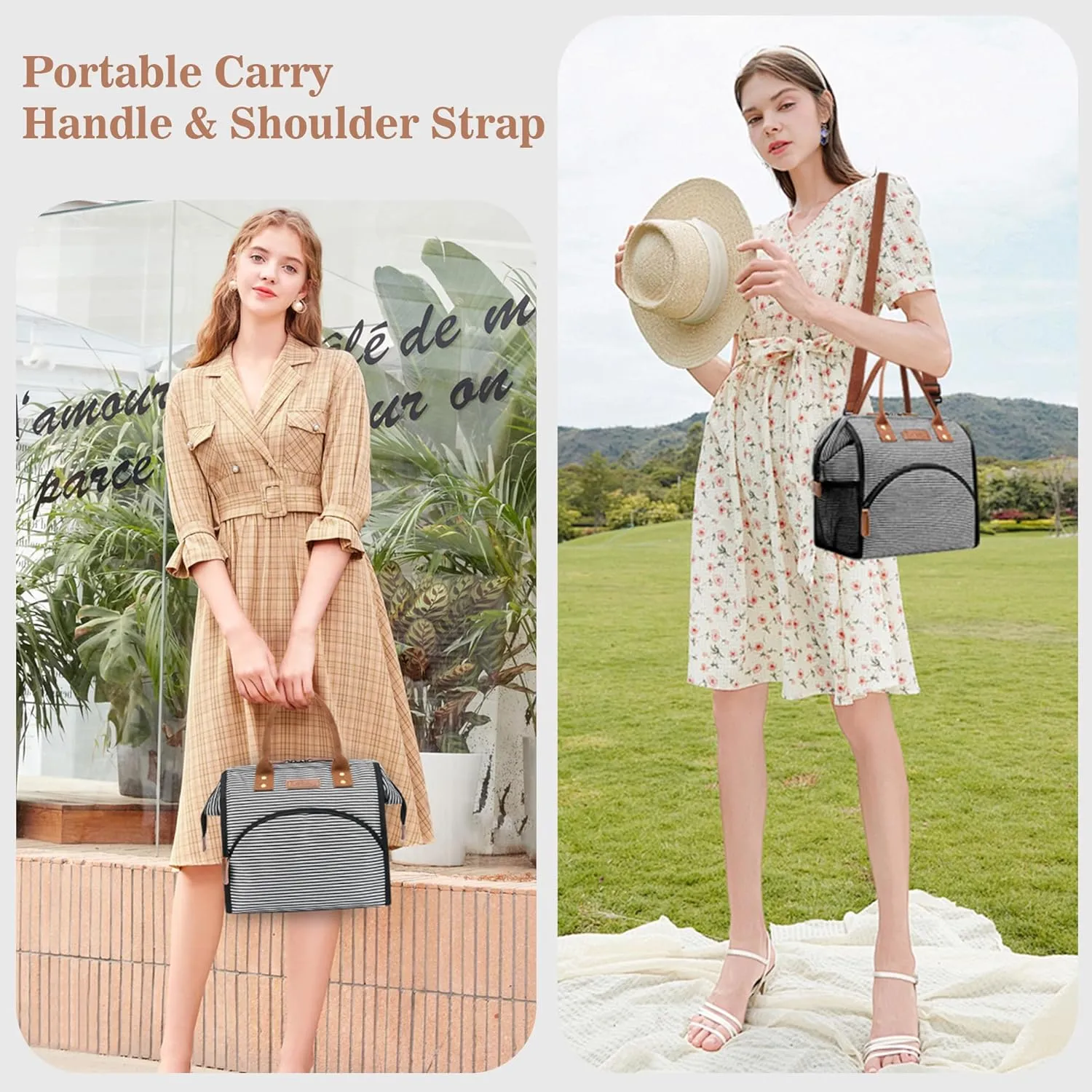 LOKASS Lunch Bag Insulated Lunch Box Wide-Open Lunch Tote Bag with Removable Shoulder Strap for Women/Men Adults Work Picnic Hiking Beach Fishing(Stripes)
