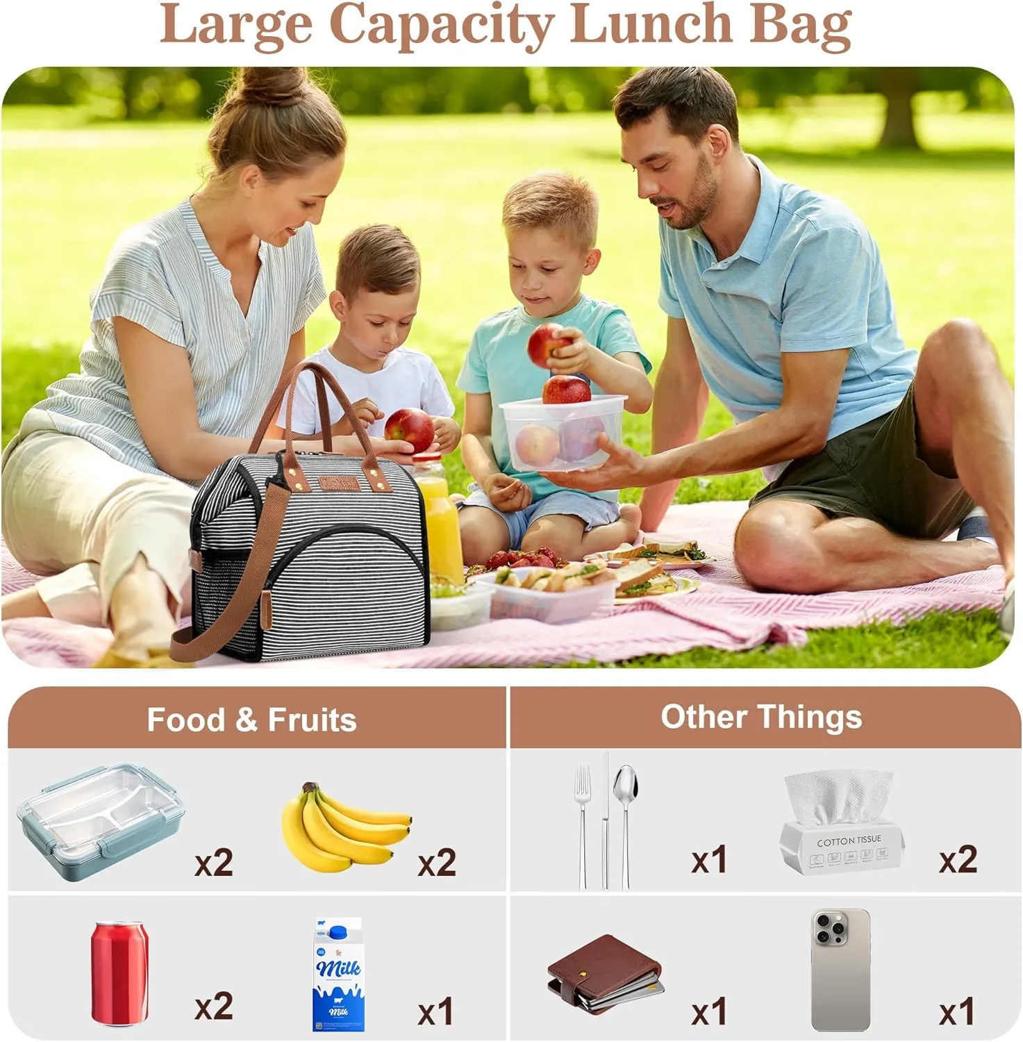 LOKASS Lunch Bag Insulated Lunch Box Wide-Open Lunch Tote Bag with Removable Shoulder Strap for Women/Men Adults Work Picnic Hiking Beach Fishing(Stripes)