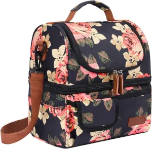 LOKASS Lunch Bag Women Double Deck Insulated Lunch Box Large Cooler Tote Bag with Removable Shoulder Strap Wide Open Thermal Meal Prep Lunch Organizer Box for Adults Work/Outdoor, Black Peony