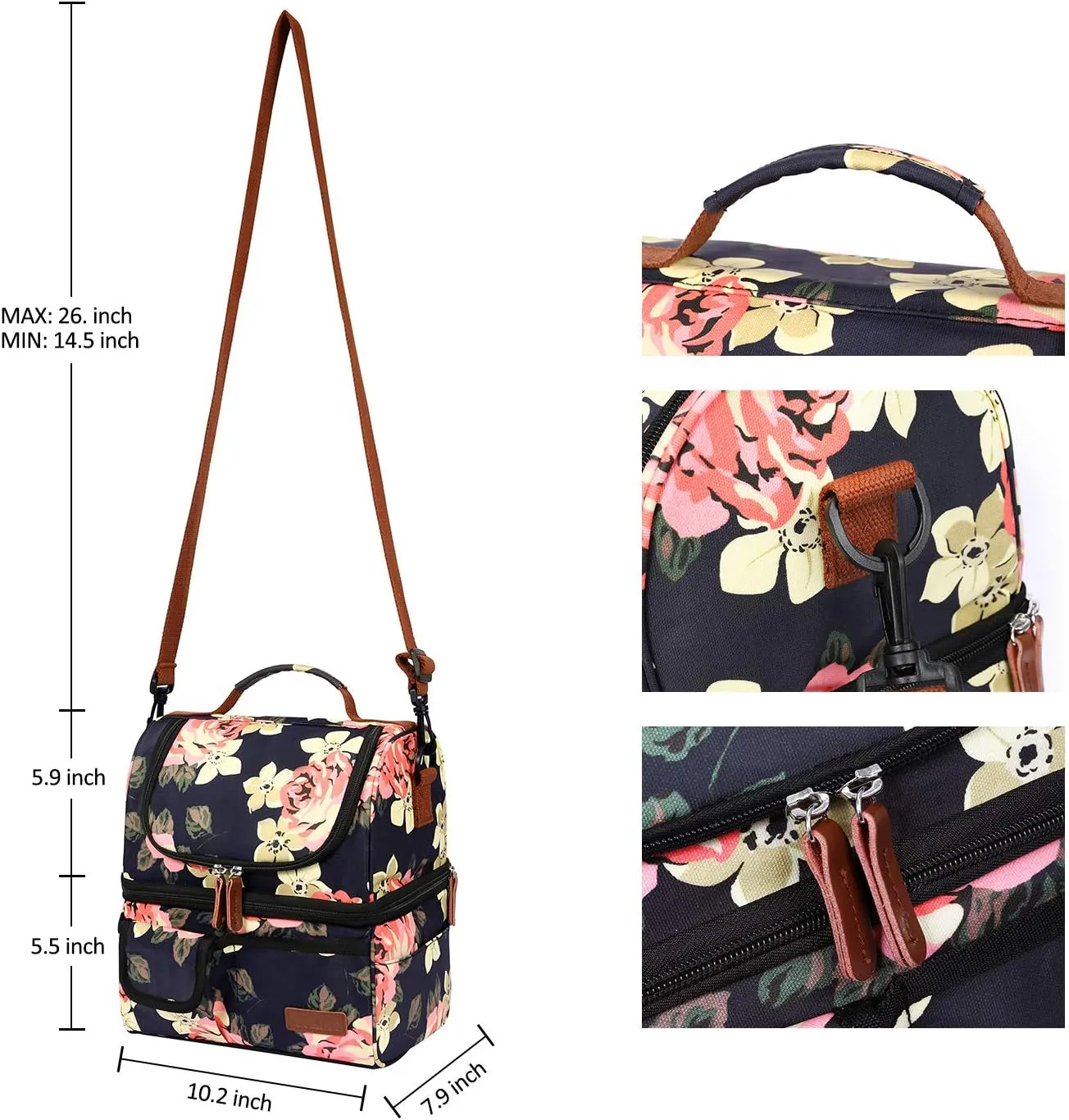 LOKASS Lunch Bag Women Double Deck Insulated Lunch Box Large Cooler Tote Bag with Removable Shoulder Strap Wide Open Thermal Meal Prep Lunch Organizer Box for Adults Work/Outdoor, Black Peony