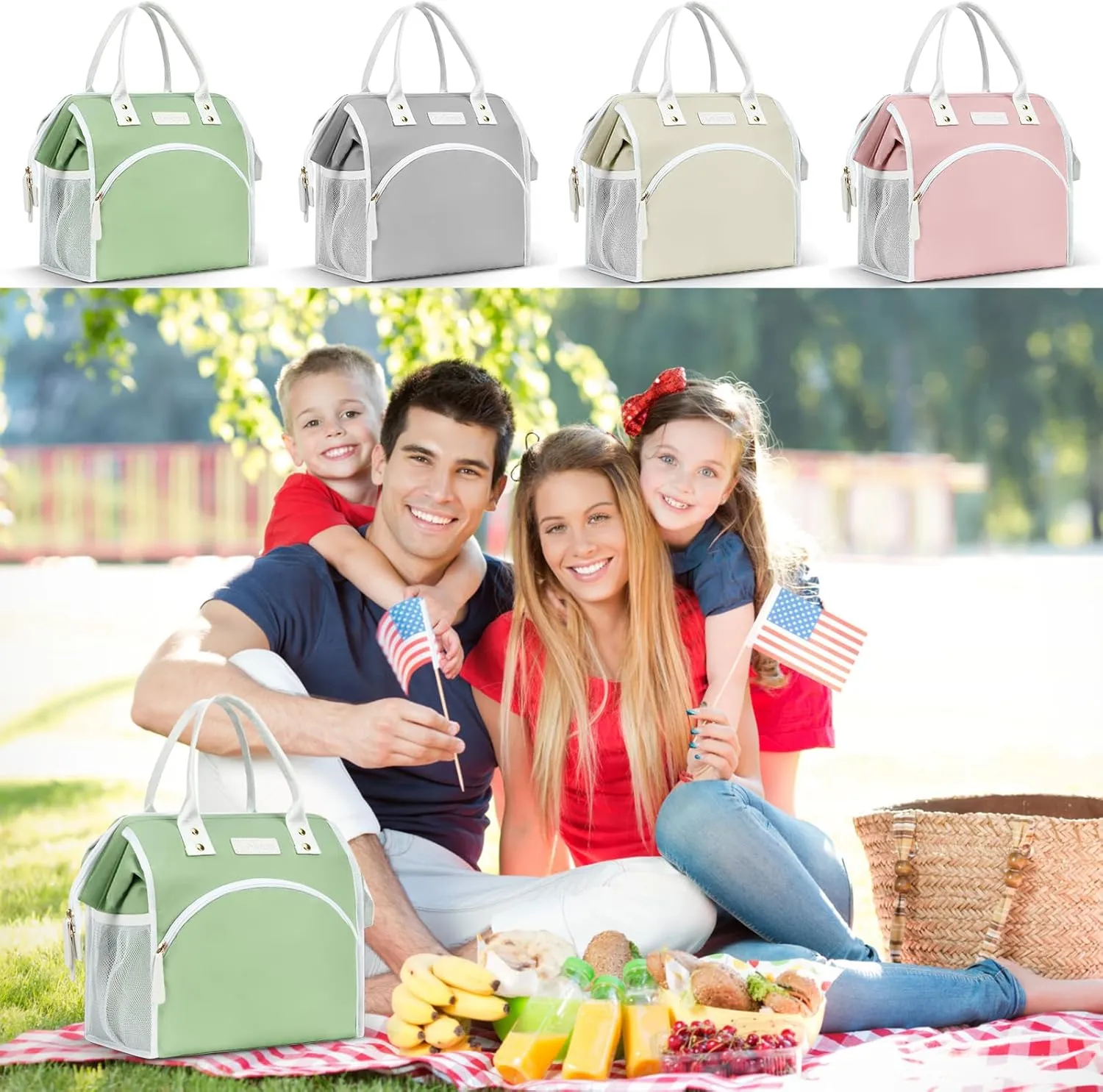 LOKASS Lunch Bag Women Insulated Lunch Box Wide-Open Lunch Tote Bag Large Waterproof Cooler Bag for Work Picnic Hiking Beach（Green）