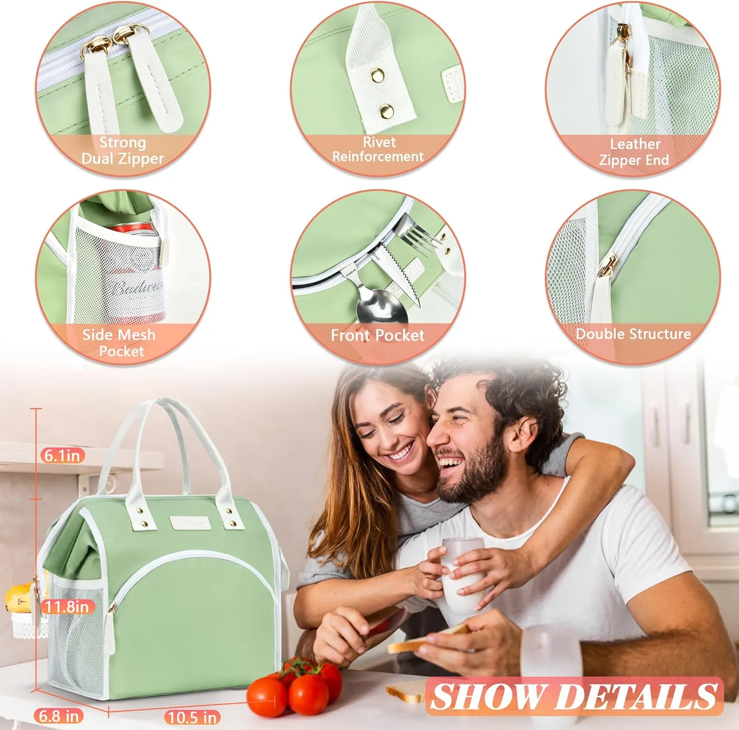 LOKASS Lunch Bag Women Insulated Lunch Box Wide-Open Lunch Tote Bag Large Waterproof Cooler Bag for Work Picnic Hiking Beach（Green）