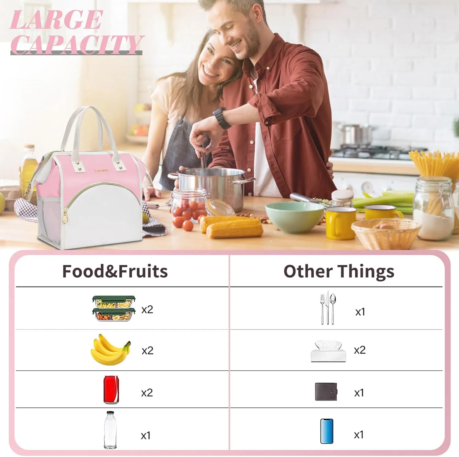 LOKASS Lunch Bag Women Insulated Lunch Box, Wide-Open Lunch Tote Bag Leak-proof Cooler Bag for Work Picnic-（Light Pink）