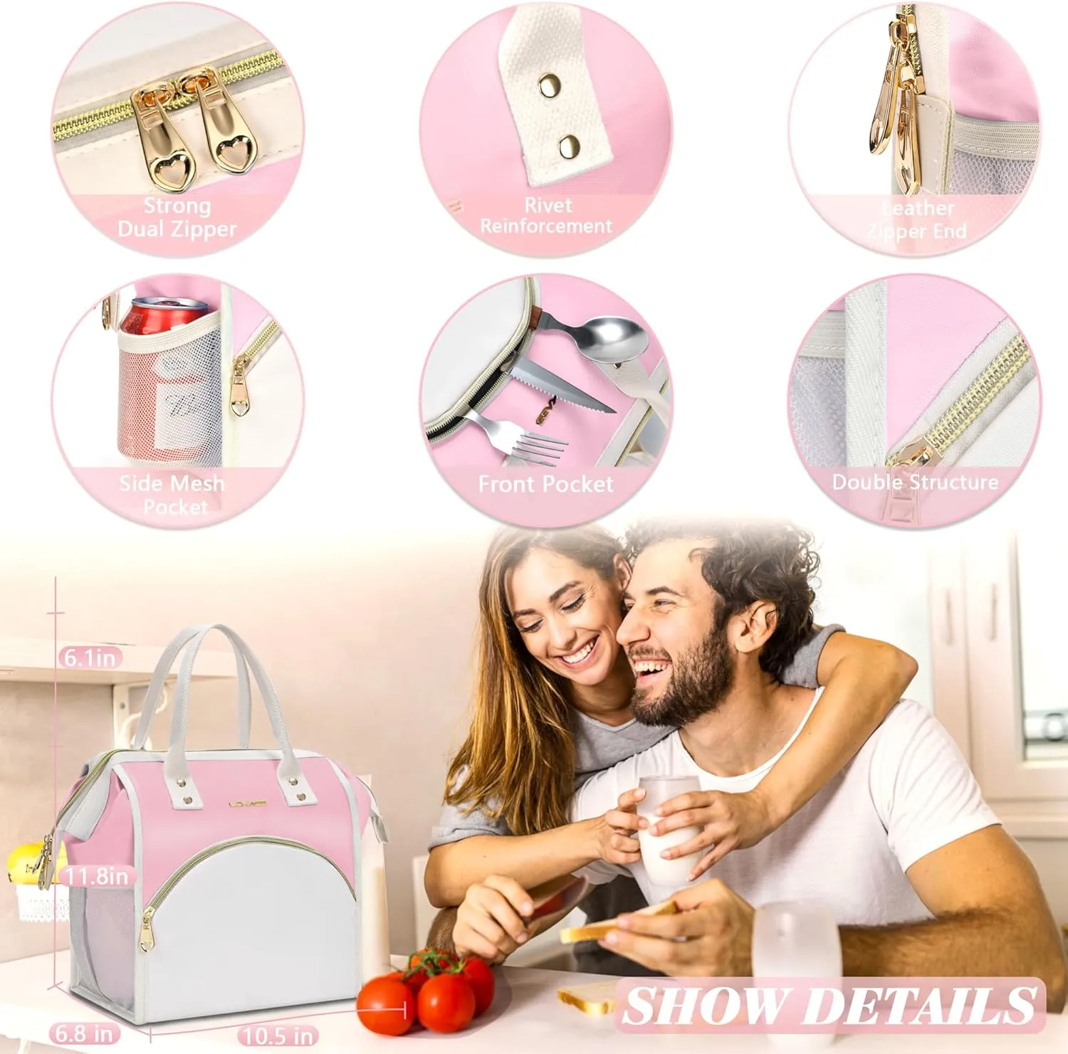 LOKASS Lunch Bag Women Insulated Lunch Box, Wide-Open Lunch Tote Bag Leak-proof Cooler Bag for Work Picnic-（Light Pink）
