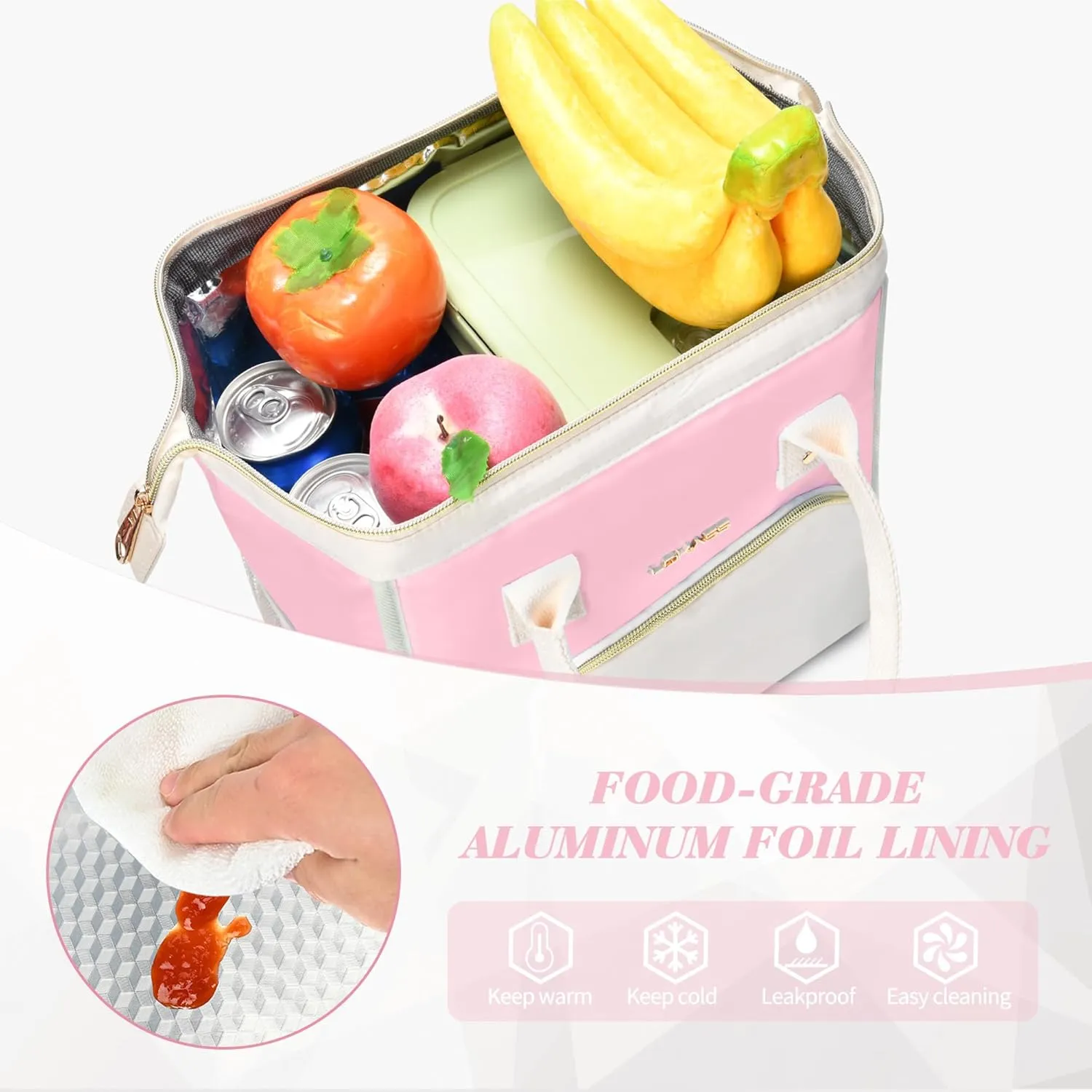 LOKASS Lunch Bag Women Insulated Lunch Box, Wide-Open Lunch Tote Bag Leak-proof Cooler Bag for Work Picnic-（Light Pink）
