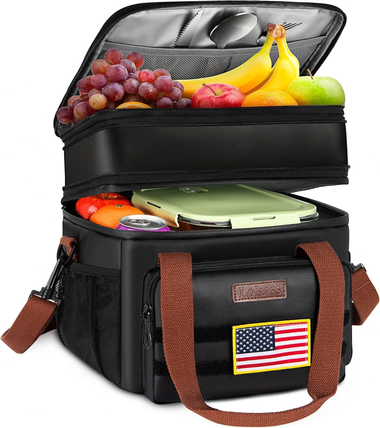 LOKASS Lunch Box for Men,16L Double Deck Expandable Insulated Lunch Bag for Women/Adults Thermal Large Waterproof Leakproof Lunchbox for Work with Shoulder Strap for Work, Camping, Picnic - Black