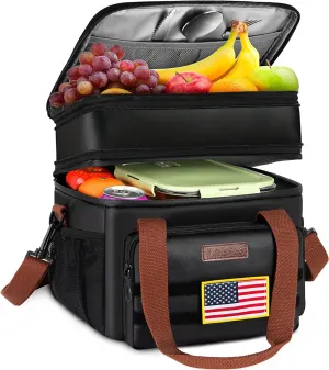 LOKASS Lunch Box for Men,16L Double Deck Expandable Insulated Lunch Bag for Women/Adults Thermal Large Waterproof Leakproof Lunchbox for Work with Shoulder Strap for Work, Camping, Picnic - Black