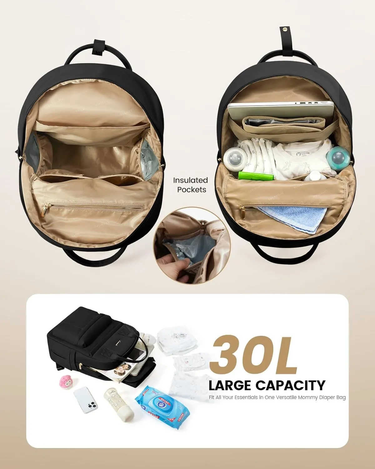 LOVEVOOK Puffer Diaper Bag Backpack, Lightweight 30L Baby Bag with Changing Pad, Large Diaper Backpack for Mom Dad with Stroller Buckles, Black