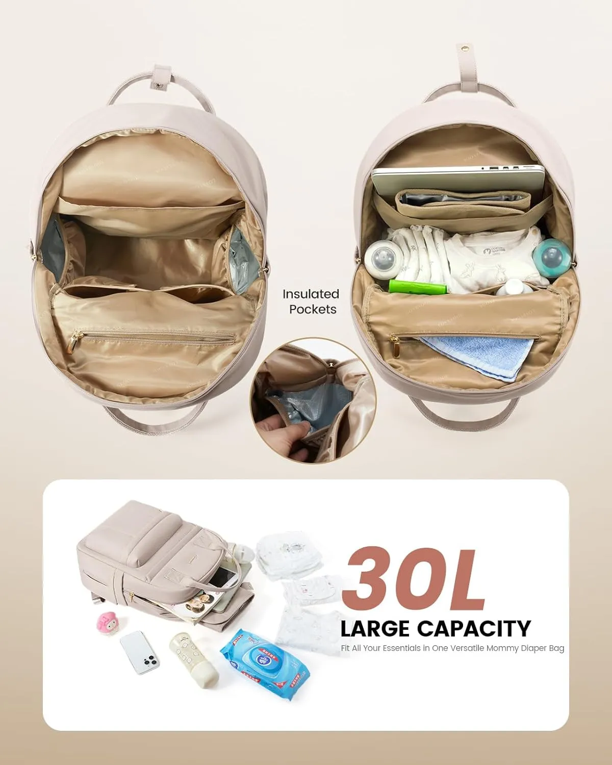 LOVEVOOK Puffer Diaper Bag Backpack, Lightweight Baby Bag with Changing Pad, Large Diaper Backpack for Mom Dad with Stroller Buckles, Nude