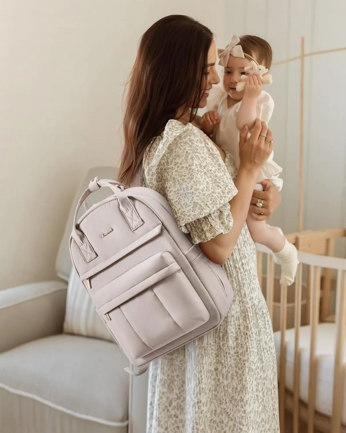 LOVEVOOK Puffer Diaper Bag Backpack, Lightweight Baby Bag with Changing Pad, Large Diaper Backpack for Mom Dad with Stroller Buckles, Nude